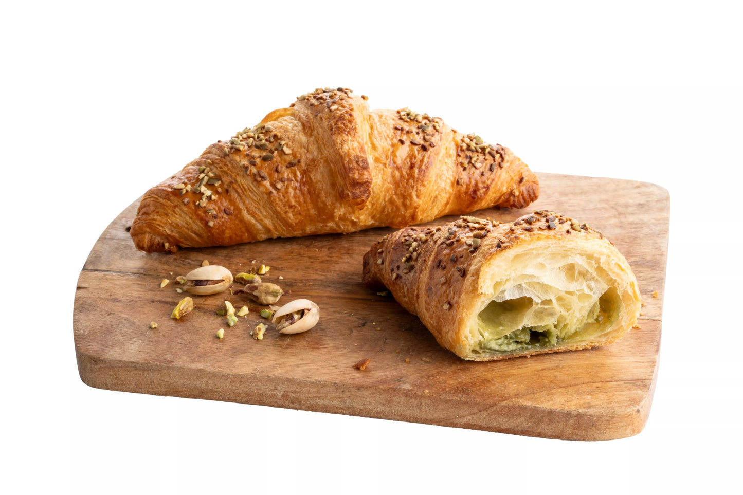Pistachio croissant filled with sweet pistachio filling and topped with crushed pistachios.