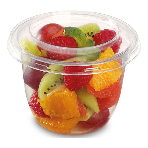 A clear cup filled with a vibrant mix of fresh fruits including raspberries, kiwis, and oranges.